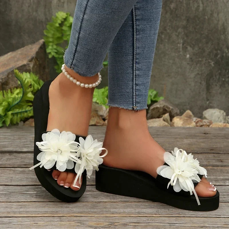 Women’s Flower Wedge Slippers - Thick Sole Pull-On Summer Beach Shoes