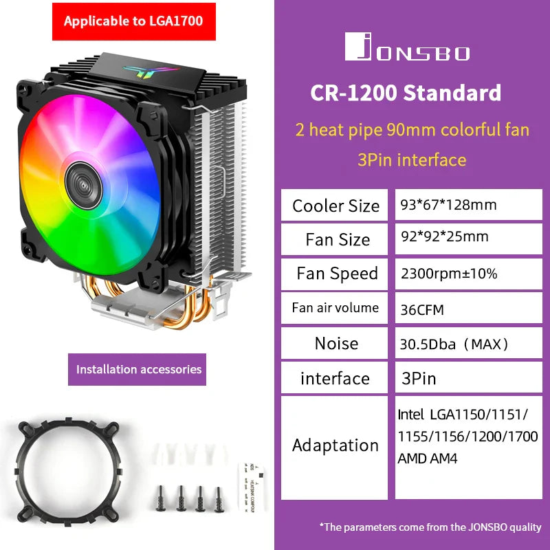 Jonsbo CR1200 RGB CPU Cooler — 2 Heat Pipe Tower with 9cm Colorful Fan for Intel LGA115X/775 & AMD AM4