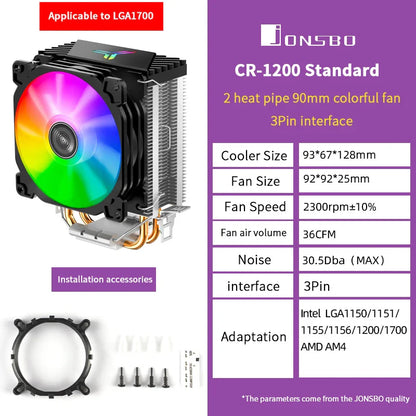 Jonsbo CR1200 CPU Cooler — 2 Heat Pipe Tower with RGB 9cm Fan for Intel LGA115X/775 & AMD AM4