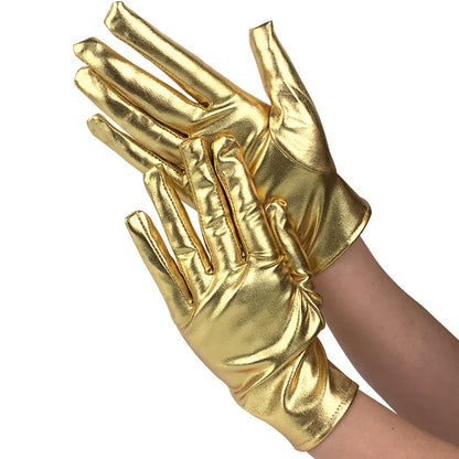 Gold Silver Metallic Faux Leather Short Gloves – Sexy Wet Look Party, Evening & Performance Mittens Handwear