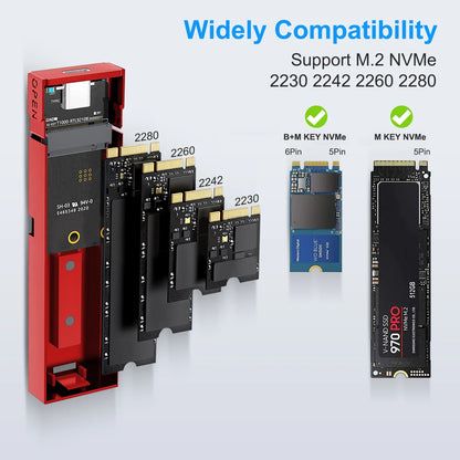 M2 NVMe SSD Enclosure – 10Gbps PCIe SSD Case, Portable USB-C 3.2 Gen2 Adapter with Heat Sink Pad, Tool-Free External Box for M.2 SSD