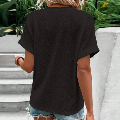 2023 Women's Jacquard V-Neck Blouse – Casual Button-Up, Loose Fit Short Sleeve Oversized Summer Shirt