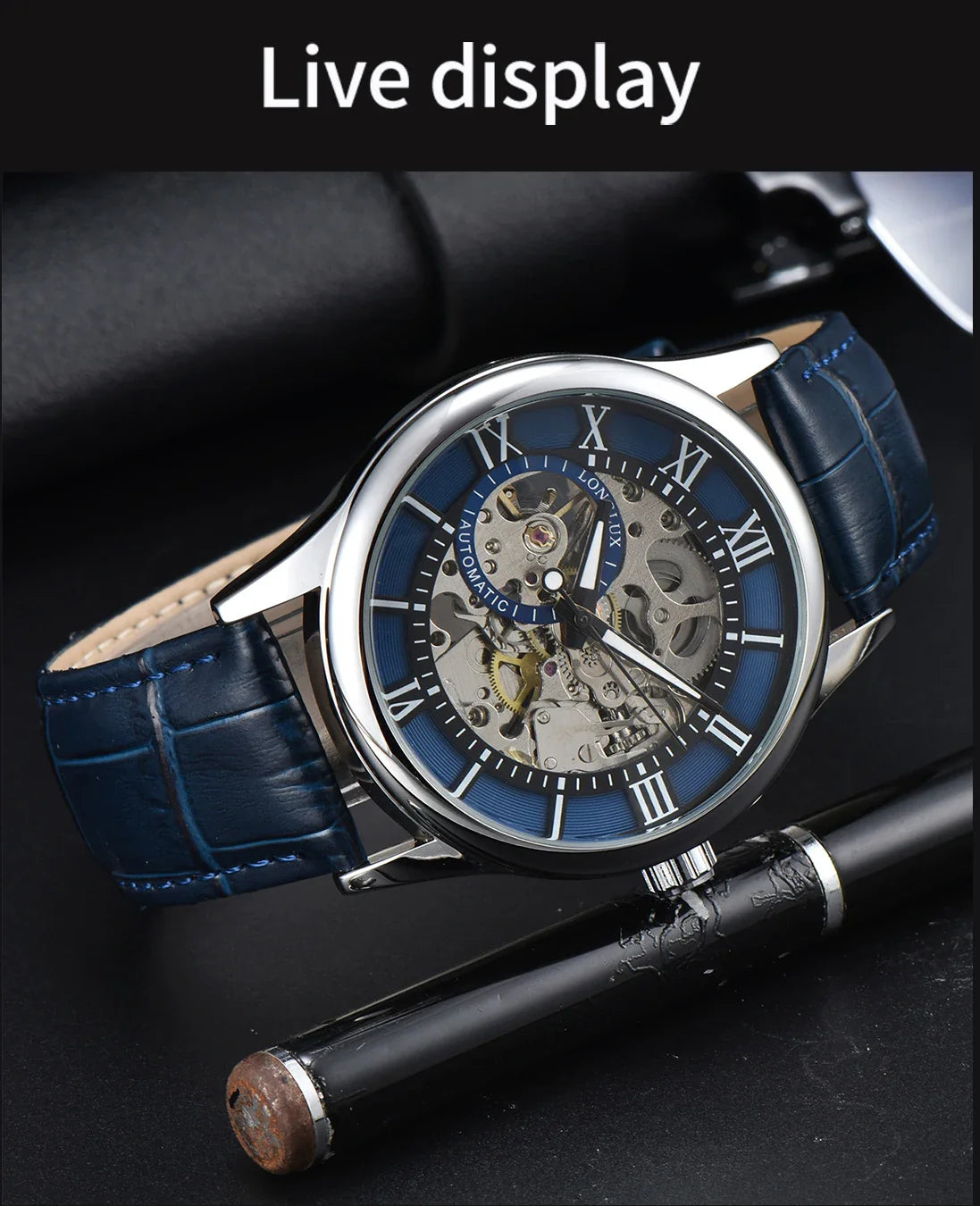 LONGLUX Rome Automatic Mechanical Waterproof Men’s Watch – Hollow Dial Leather Wristwatch Gift