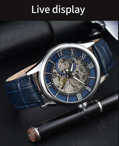 LONGLUX Rome Automatic Mechanical Waterproof Men’s Watch – Hollow Dial Leather Wristwatch Gift
