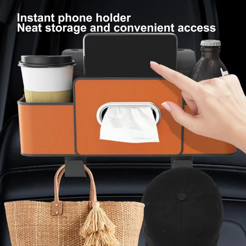 Multifunctional Car Backseat Organizer - Leather Storage Bag with Tissue & Cup Holder