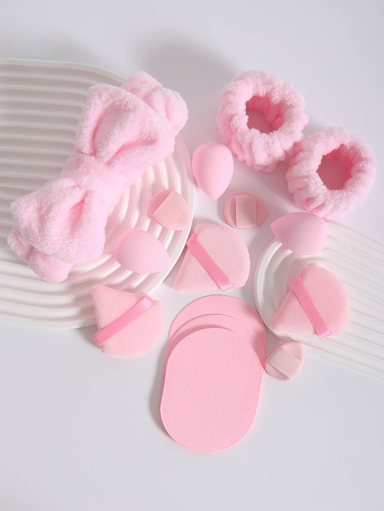15Pcs Multi-Colored Fluffy Headband & Makeup Sponge Set - Sweet Style Beauty Essentials