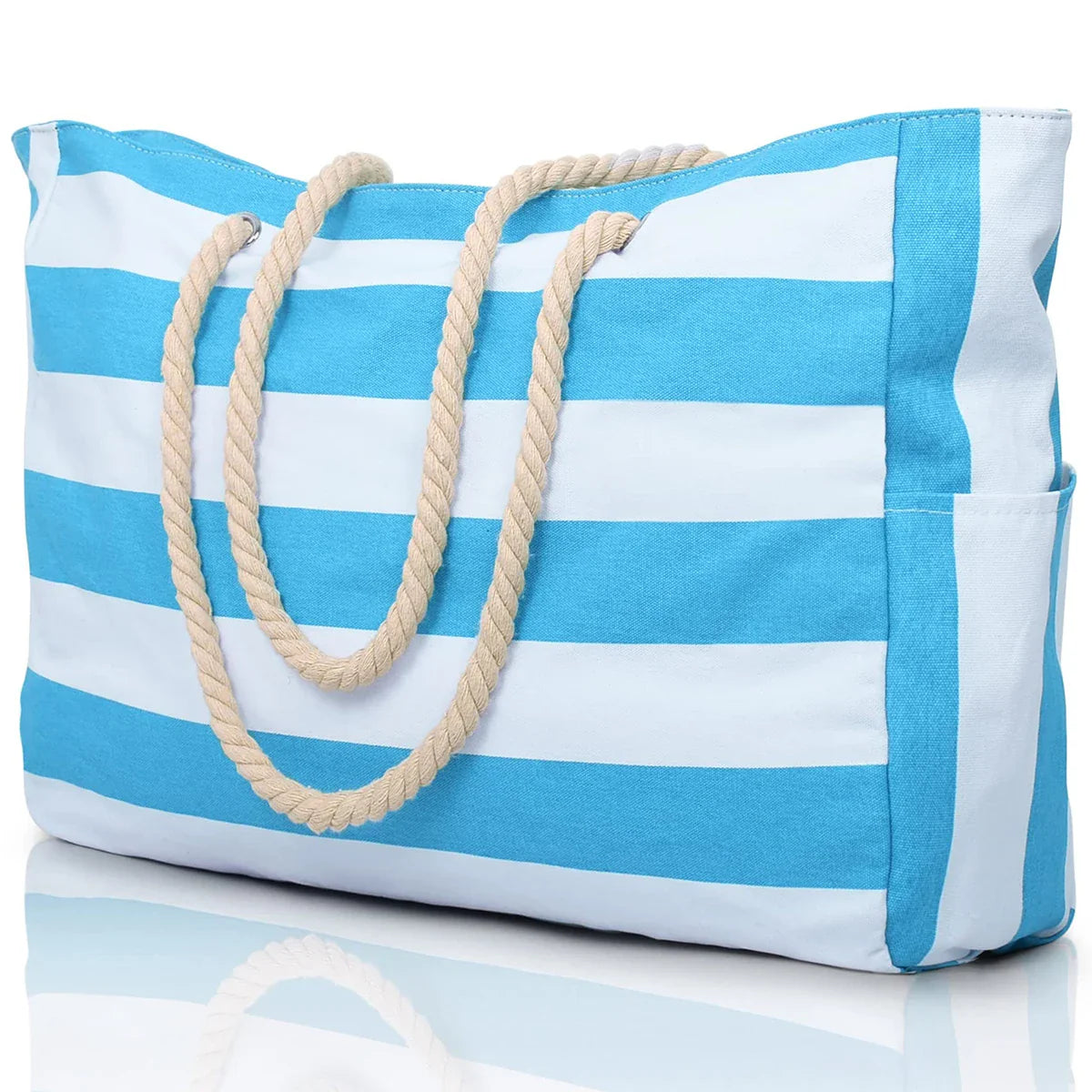 Striped Waterproof Canvas Beach Bag – Zippered Foldable Tote for Outdoor Travel and Vacation, Sand-Resistant Design