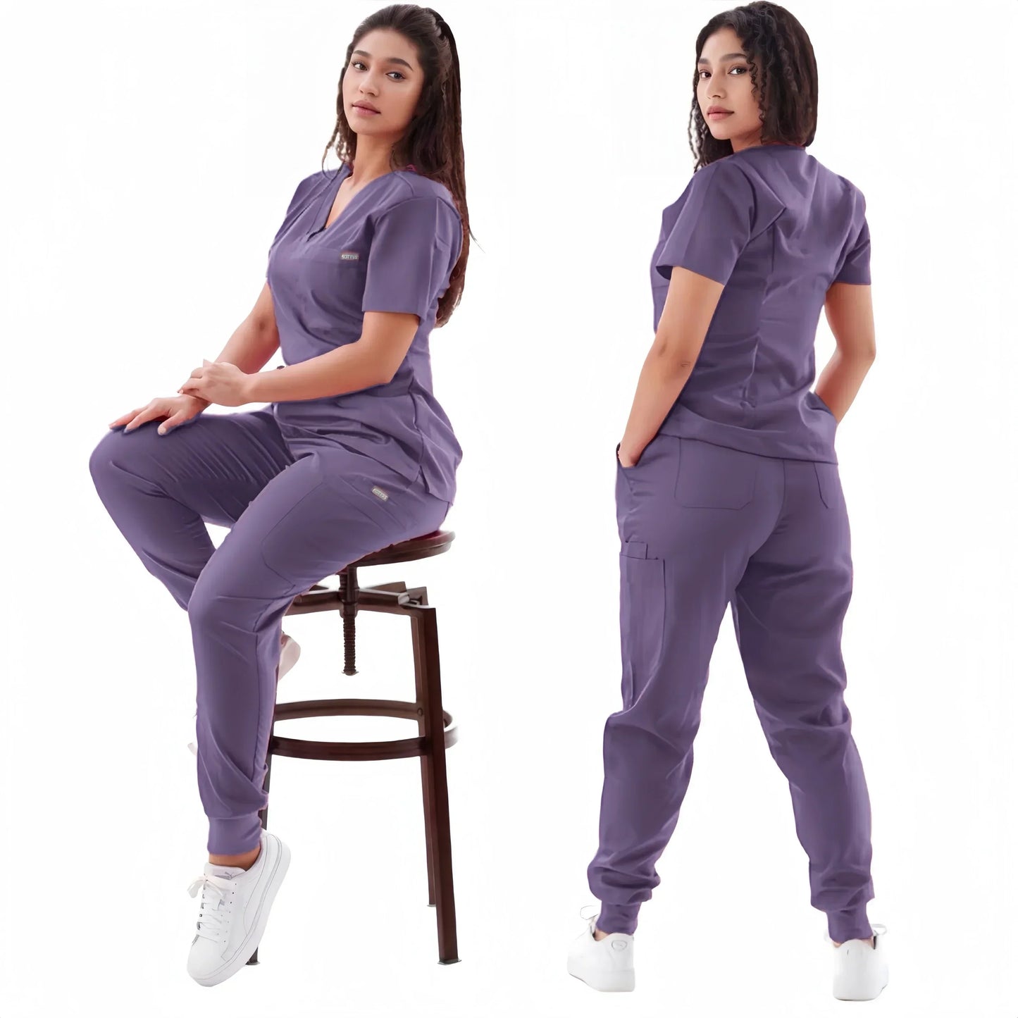 Multicolor Jogger Suit Nurse Scrubs Set - Medical Clinical Clothes with Short Sleeve V-Neck Tops and Pocket Pants, Doctor Nursing Uniforms