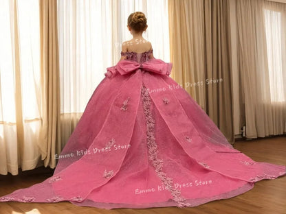 Lace Flower Girl Dress - 3D Floral Appliqué, Beading & Long Bow Ball Gown