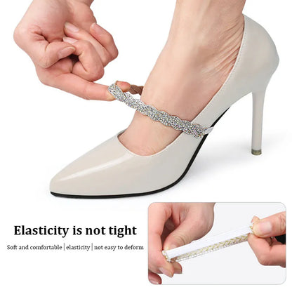 Women's Adjustable Ankle Shoe Belt - Holding Bundle Shoelaces Tie Straps Band - Elastic Rhinestone Shoelaces for High Heels