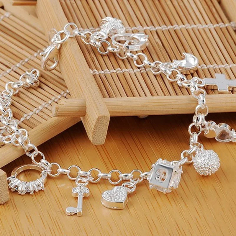 925 Sterling Silver 13-Piece Charm Bracelet – Fashion Pendant Chain Jewelry for Women & Teens