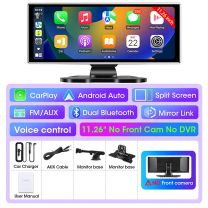 11.26-inch 4K Car DVR Dash Cam – Dual Lens Wireless CarPlay & Android Auto, GPS Navigation, 5G WiFi, FM, AUX Video Recorder Monitor