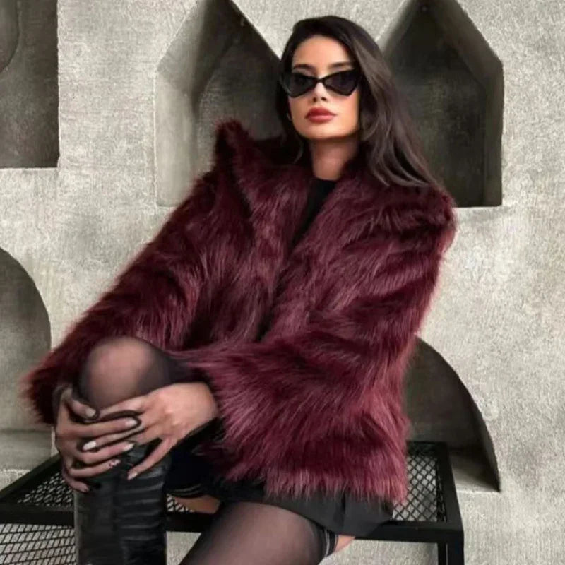 HXAO Women's Fur Coat – 2024 Plush Burgundy Bomber Jacket, Solid Crop Long Sleeve Warm Winter Casual Coat