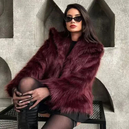 HXAO Women's Fur Coat – 2024 Plush Burgundy Bomber Jacket, Solid Crop Long Sleeve Warm Winter Casual Coat
