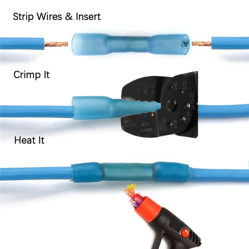 Blue Heat Shrink Butt Connectors - 25/50/100PCS Insulated Electrical Wire Crimp Terminals for 16-14 AWG Cable Repair & Splicing