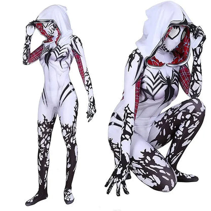 MINISO Spider Gwen Stacy Cosplay Costume – Women’s 3D Print Jumpsuit Onesie with Hat and Mask, Soft Material for Halloween
