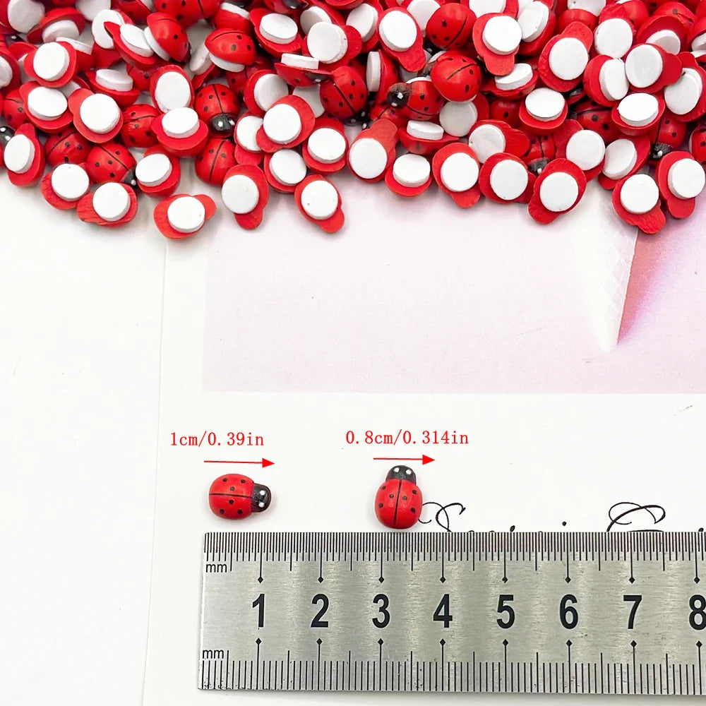 100Pcs Wooden Mini Ladybug Stickers – 8x11mm Self-Adhesive Red DIY Craft Decorations for Scrapbooking, Home, Garden & Party Decor