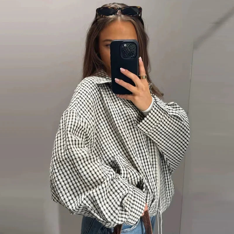 HXAO Plaid Bomber Jacket for Women - Oversized Cropped Long Sleeve Zipper Jacket for Spring & Autumn Casual Wear