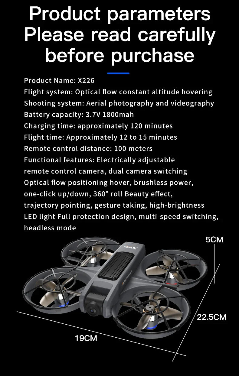 X226 Drone VR – Brushless RC Quadcopter with Dual HD Camera, Optical Flow Hover, Obstacle Avoidance, Remote Control Toy for Boys