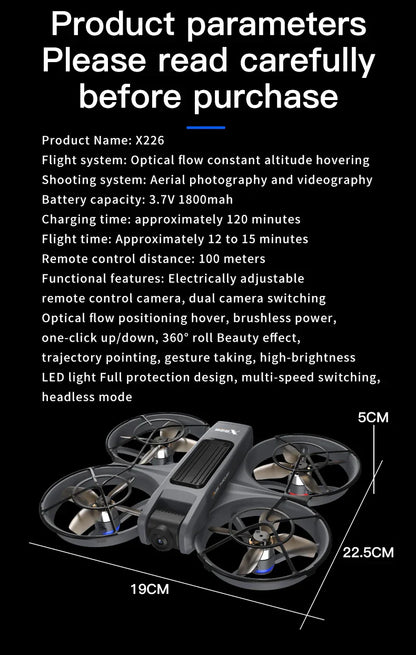 X226 Drone VR – Brushless RC Quadcopter with Dual HD Camera, Optical Flow Hover, Obstacle Avoidance, Remote Control Toy for Boys