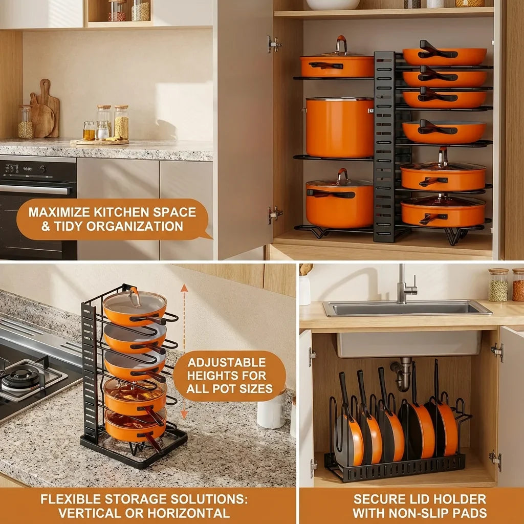 8 Tier Pot Rack Organizer - Space Saving Metal Holder for Pots, Pans & Lids Kitchen Storage Rack