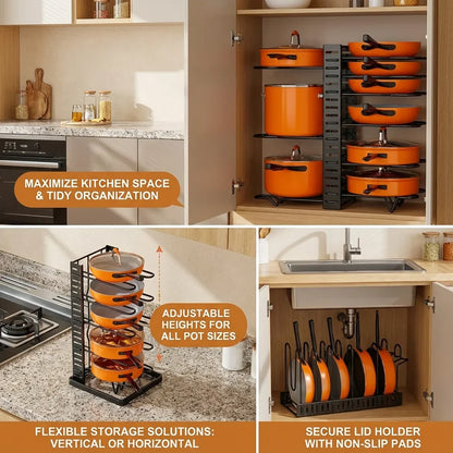 8 Tier Pot Rack Organizer - Space Saving Metal Holder for Pots, Pans & Lids Kitchen Storage Rack