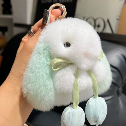 Cute Real Rex Rabbit Fur Keychain – Mini Bunny Pendant Bag Charm & Car Key Ring Plush Toy Gift for Women