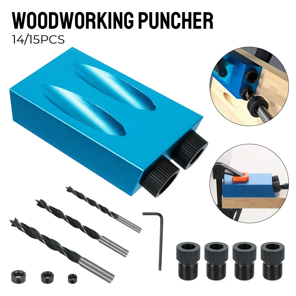 7/14/15PCS Pocket Hole Jig Kit – 15° Woodworking Drilling Guide & Locator with Drill Bit Set