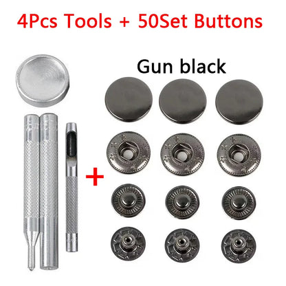 50 Sets Leather Snap Fasteners Kit – 10mm/12mm/15mm Metal Press Studs with 4 Tools for DIY Clothes & Crafts