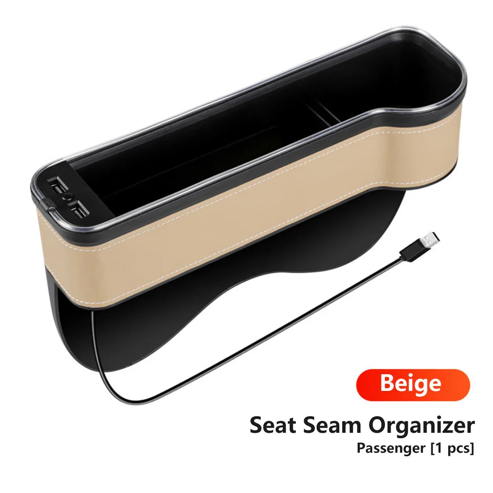 Car Crevice Storage Box with 2 USB Charger – LED Seat Gap Organizer, Phone, Bottle, and Cup Holder
