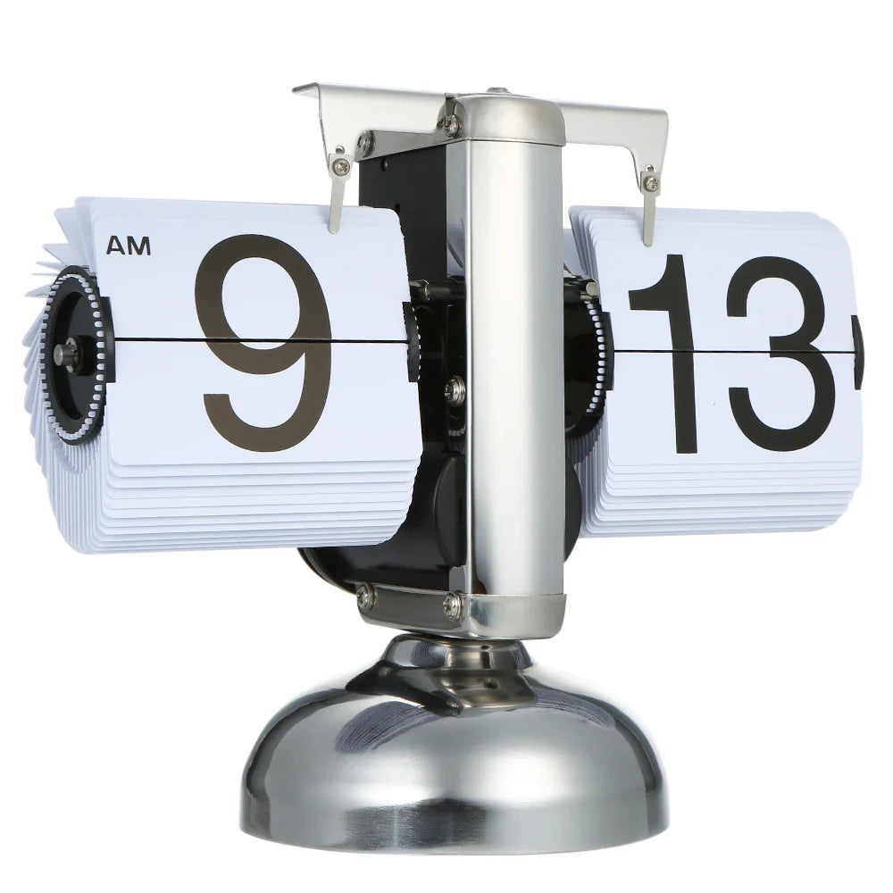 Small Retro Flip Clock – Stainless Steel Gear-Operated Table Clock, Black/White Quartz Design