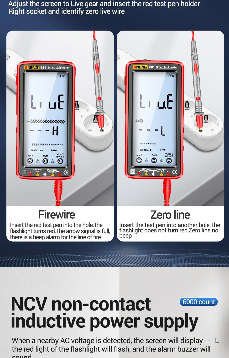 ANENG 681 Rechargeable Digital Multimeter — Professional Non-Contact AC/DC Voltage & Current Tester with LCD Screen