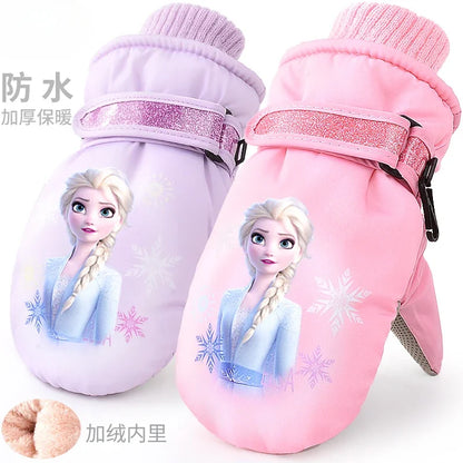 Hasbro Princess Elsa Finger Ski Gloves - Cute Kawaii Velvet, Thickened & Waterproof Gloves for Girls, Warm Winter Kids Gloves