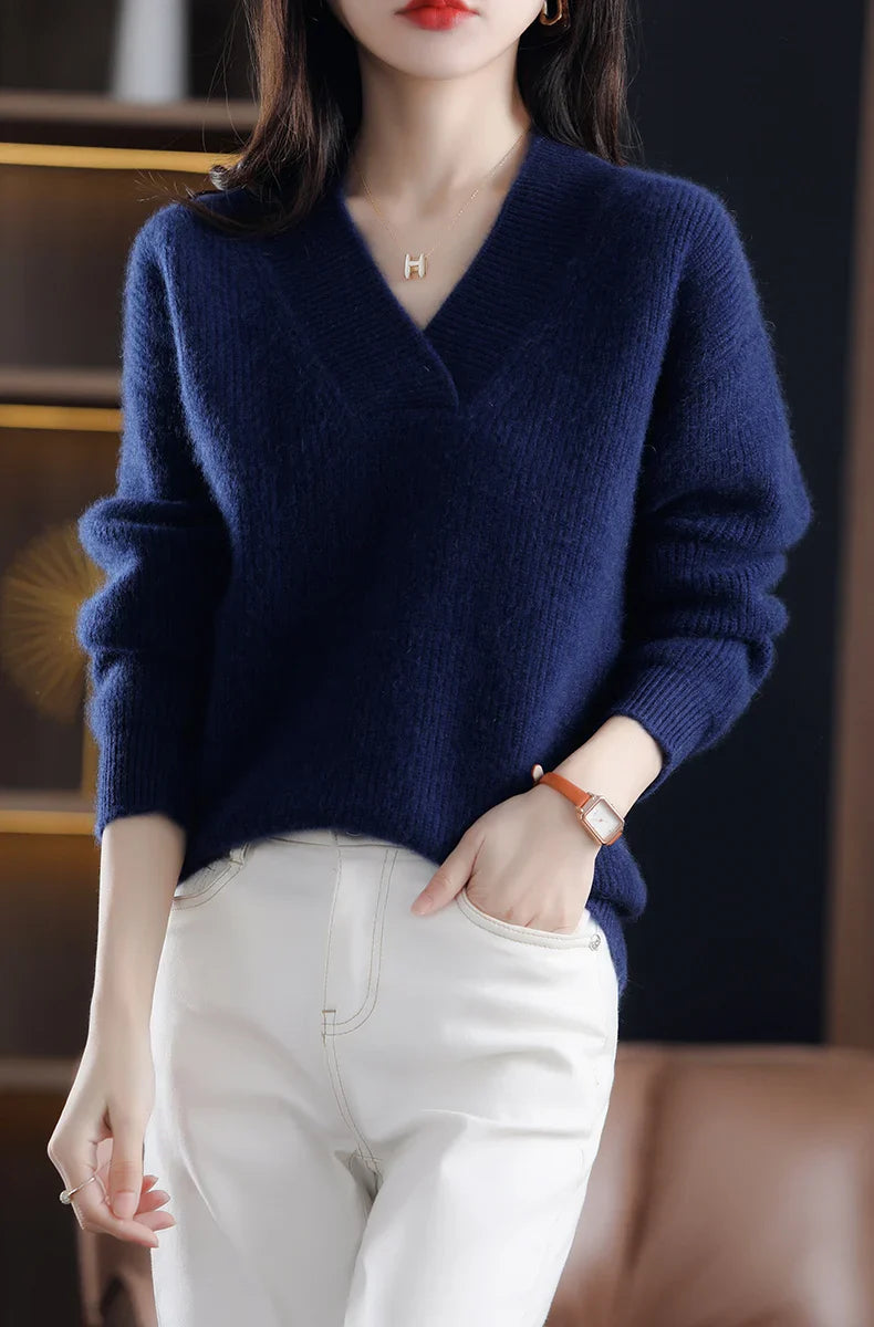 Women’s Knitted V-Neck Sweater – Long Sleeve Solid Pullover Knit Top