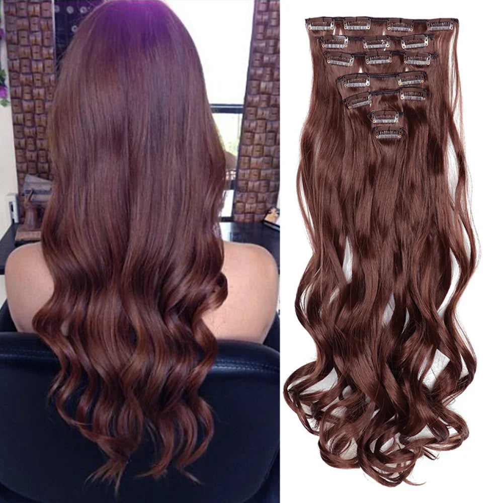 Clip-In Hair Extensions, 7-Piece Full Head 22-Inch Long Curly Wavy Synthetic Hair Extensions for Women and Girls