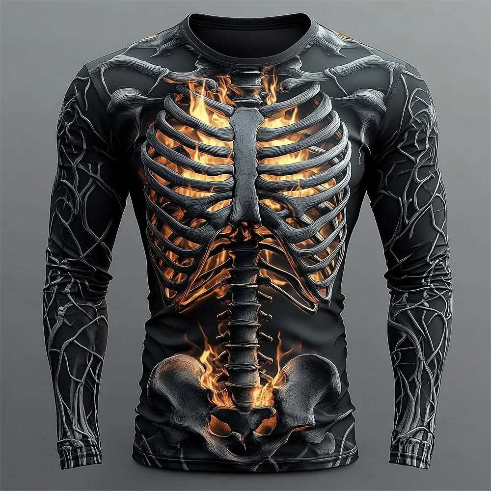 Men's Skeleton Print Long Sleeve T-Shirt - Gothic Halloween Streetwear Casual Top