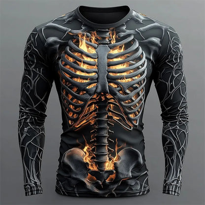 Men's Skeleton Print Long Sleeve T-Shirt - Gothic Halloween Streetwear Casual Top