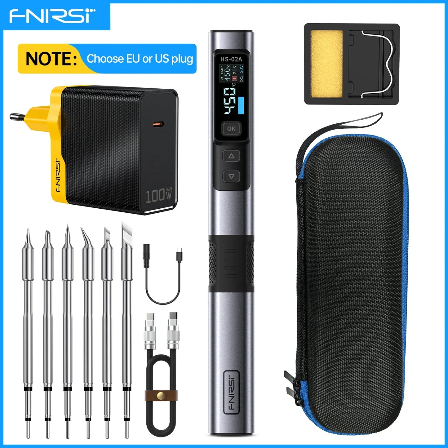 FNIRSI HS-02 Adjustable Temperature Soldering Iron – 20V 100–450℃ 100W Portable Welding & Repair Rework Station Tool