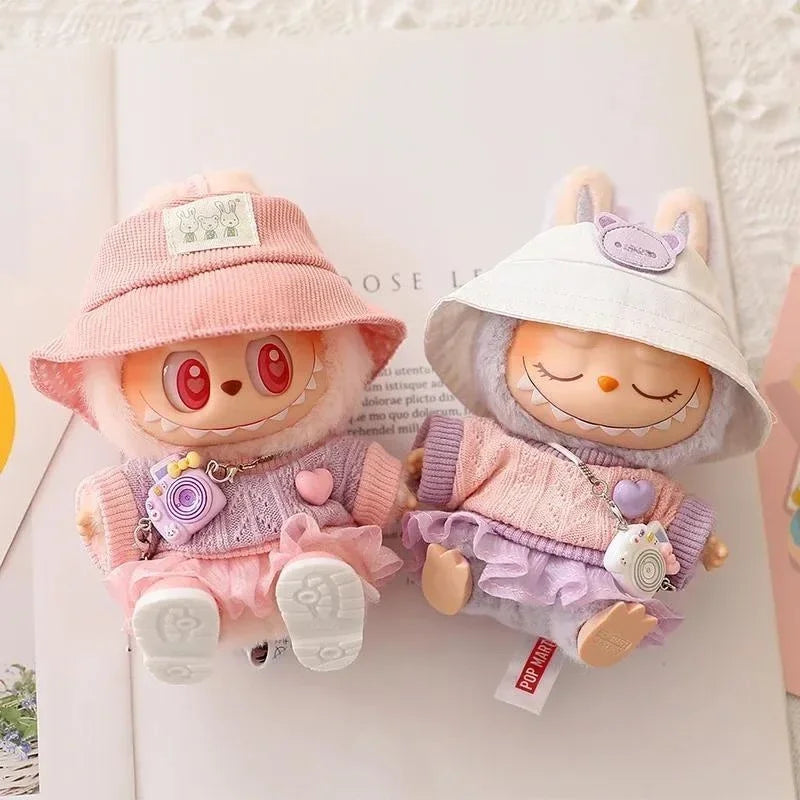 Mini Doll Clothes & Accessories — 15–17cm Labubu & 10cm Cotton Doll Outfit, Pink Hoodie & Yarn Skirt (No Doll)