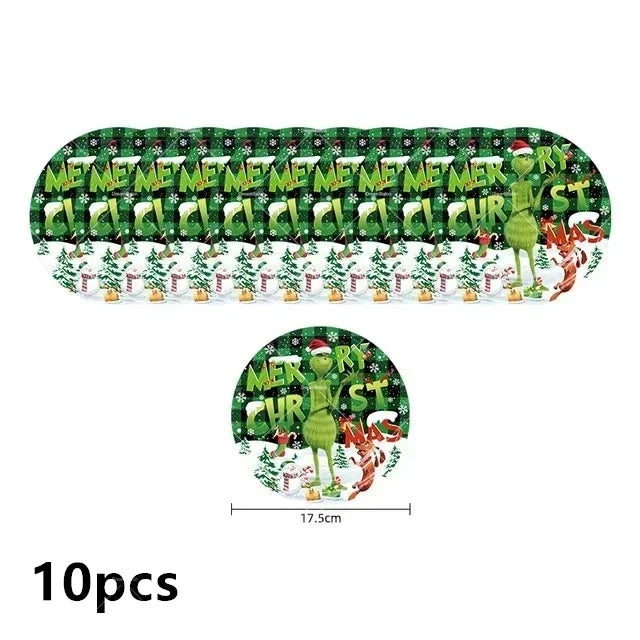 Grincs Christmas Party Balloon Decoration Set – Merry Xmas Banner Cake & Disposable Tableware Supplies Green Red