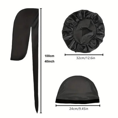 3PCS Durag & Satin Bonnet Set - Solid Color Night Cap and Lightweight Dome Hat Hair Accessories