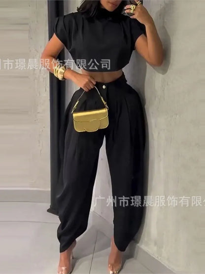 Women’s Summer Two-Piece Set – High Waist Trousers & Elegant Black Top for Casual Fashion