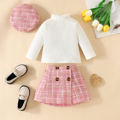 ma&baby Toddler Girls Clothes Set – Knit Long Sleeve Top, Plaid Skirt & Hat, 6M-3Y Fall & Spring Outfit