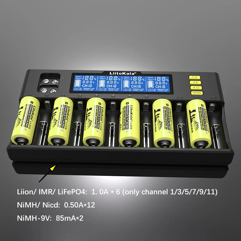 LiitoKala Lii-S8 Lii-S12 CH4 Multi-Function Battery Charger – 18650, 26650, 21700, 26700, AA, AAA Li-ion, NiMH, LiFePO4 Compatible