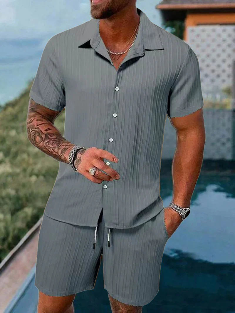 Men's Striped Jacquard Beach Shirt & Shorts Set — Spring Summer Casual Loose Fit, Europe & US Style