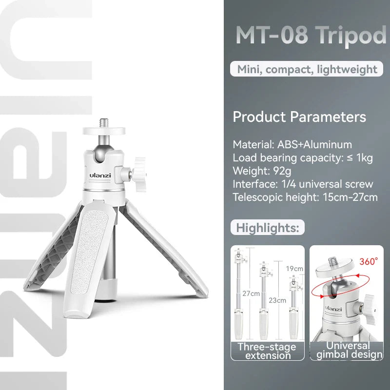 Ulanzi MT-08 Mini Tripod – White Foldable Monopod Mount with 1/4'' Universal Tripod for DSLR, Android & iPhone Smartphones