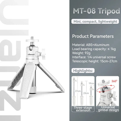 Ulanzi MT-08 Mini Tripod – White Foldable Monopod Mount with 1/4'' Universal Tripod for DSLR, Android & iPhone Smartphones