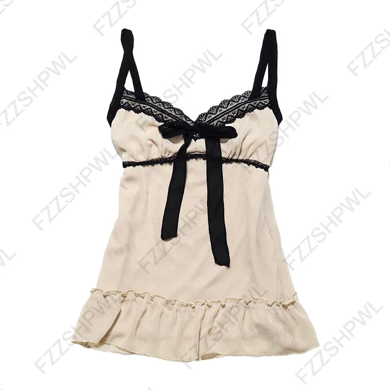 Women’s Grunge Punk Gothic Camisole Top – Y2K V-Neck Bow Lace Slim Fit Crop Cami Streetwear