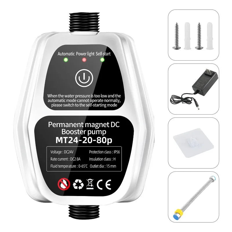 24V Automatic Water Pressure Booster Pump for Home Shower – Hot & Cold Faucet High Pressure Booster Pump (US/EU Compatible)