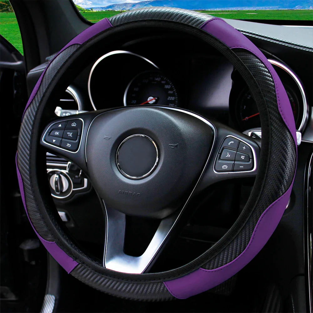 PU Carbon Fiber Leather Steering Wheel Cover — No Inner Ring, Fits 14.5-15 Inch Cars